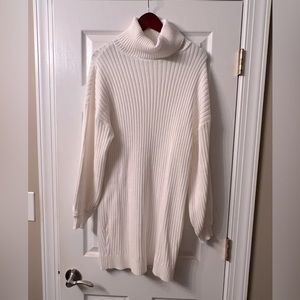 White turtleneck, fitting sweater dress